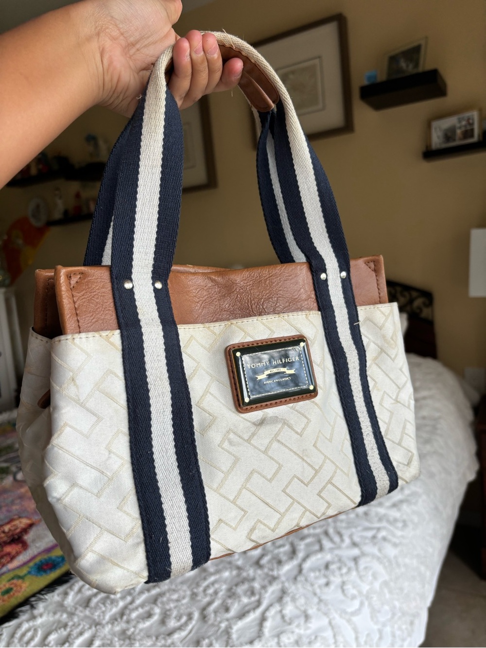 Tommy Hilfiger Cream & Brown Tote with Navy Striped Handles